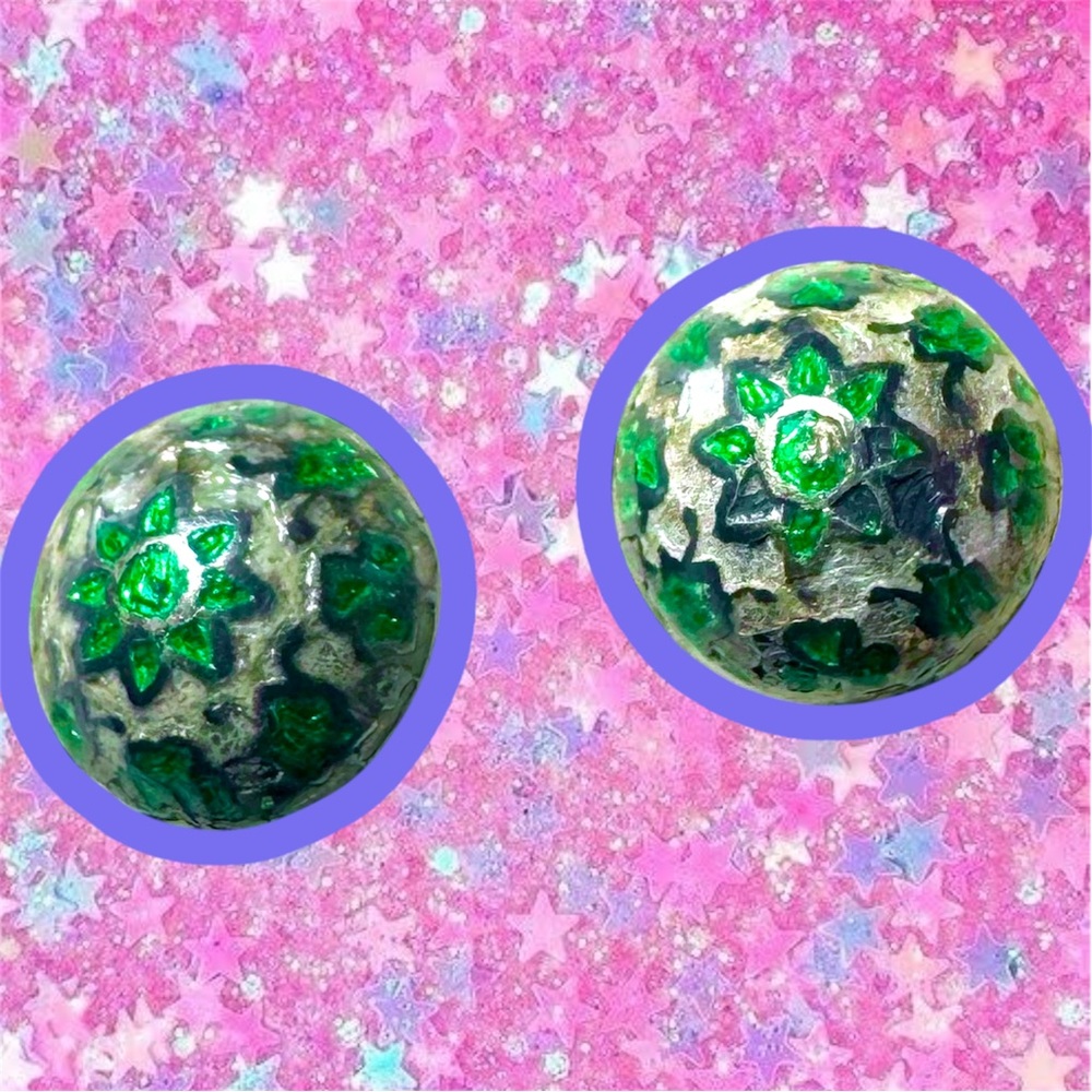 Puer pure silver vintage enamel clip on earrings 30s 40s 50s India jewelry green